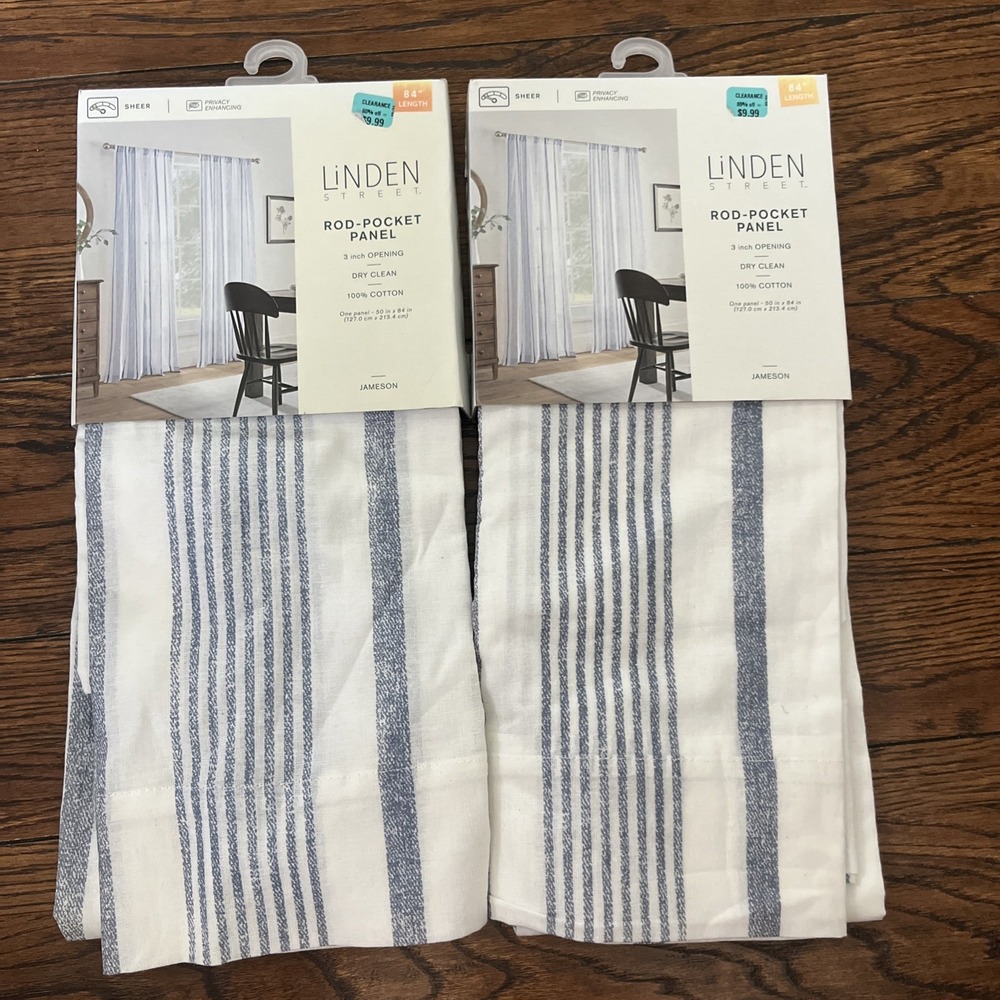 Lot 2 Linden St. Rod Pocket Jameson Cotton Print Sheer Prvdence Blue Stripe 84"